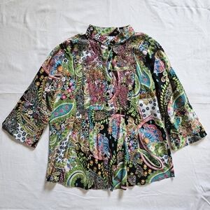Bleu Bayou y2k cotton paisley hippie boho embellished button-down shirt Size XL